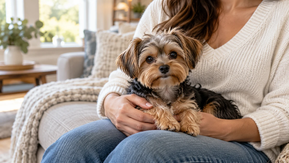 Morkie köpek — sahibinin kucağında