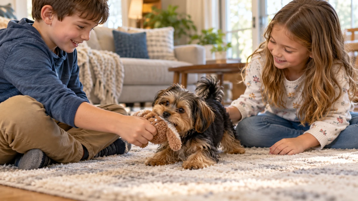 Morkie köpek — çocuklarla oyun