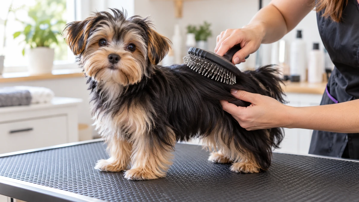 Morkie yavru köpek — tüy bakımı ve fırçalama