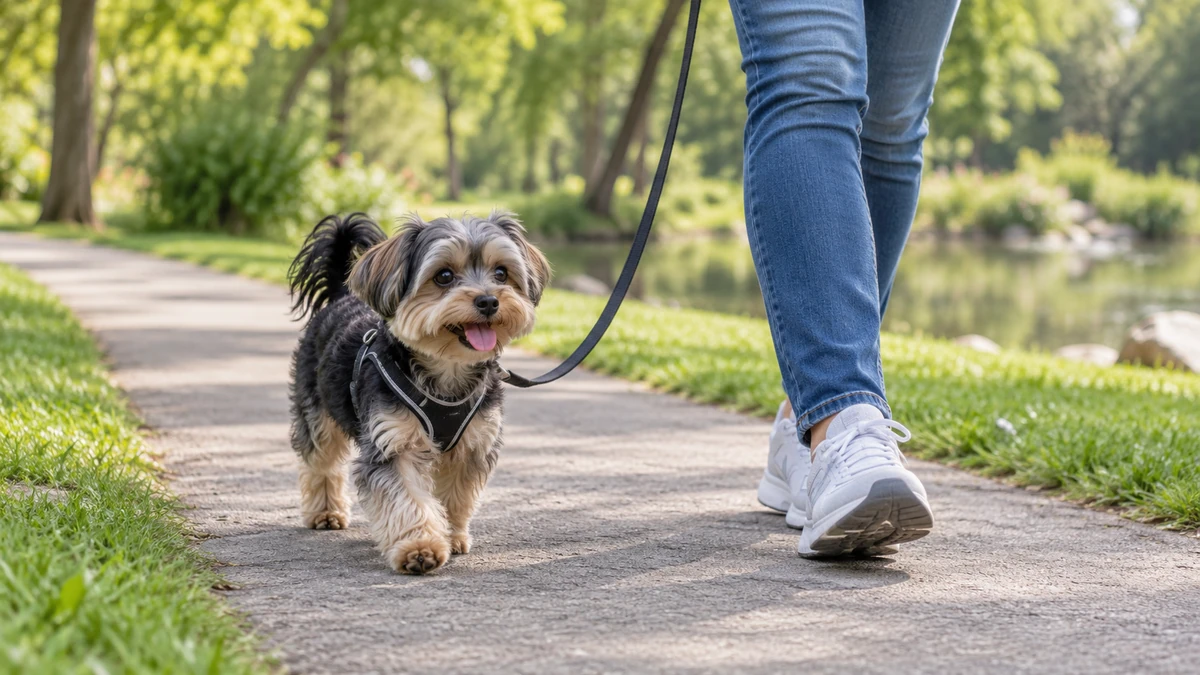 Morkie köpek — parkta yürüyüş ve egzersiz